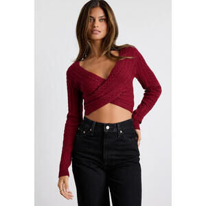 Lulus Feliya Dark Red Cable Knit Cross-front Sweater Crop Top - Size M